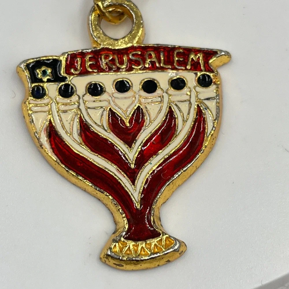 VTG Jerusalem‎ Menorah Keychain Red Enamel Gold Tone Judaica Souvenir Key Ring
